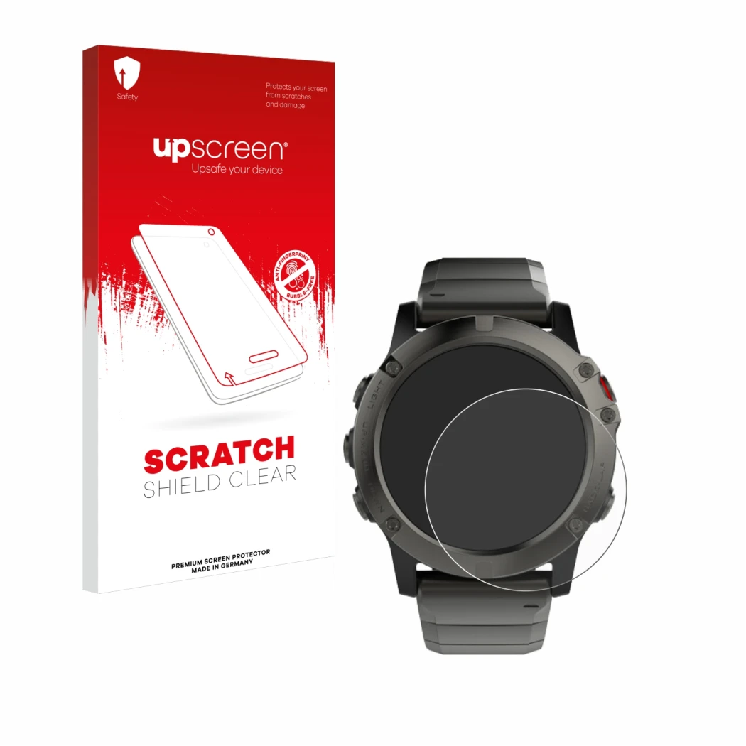 Vorderseite einer Produktverpackung mit dem Markenlogo upscreen. Daneben ist das Gerät Garmin Fenix 5X (51 mm) mit dem zugehör
