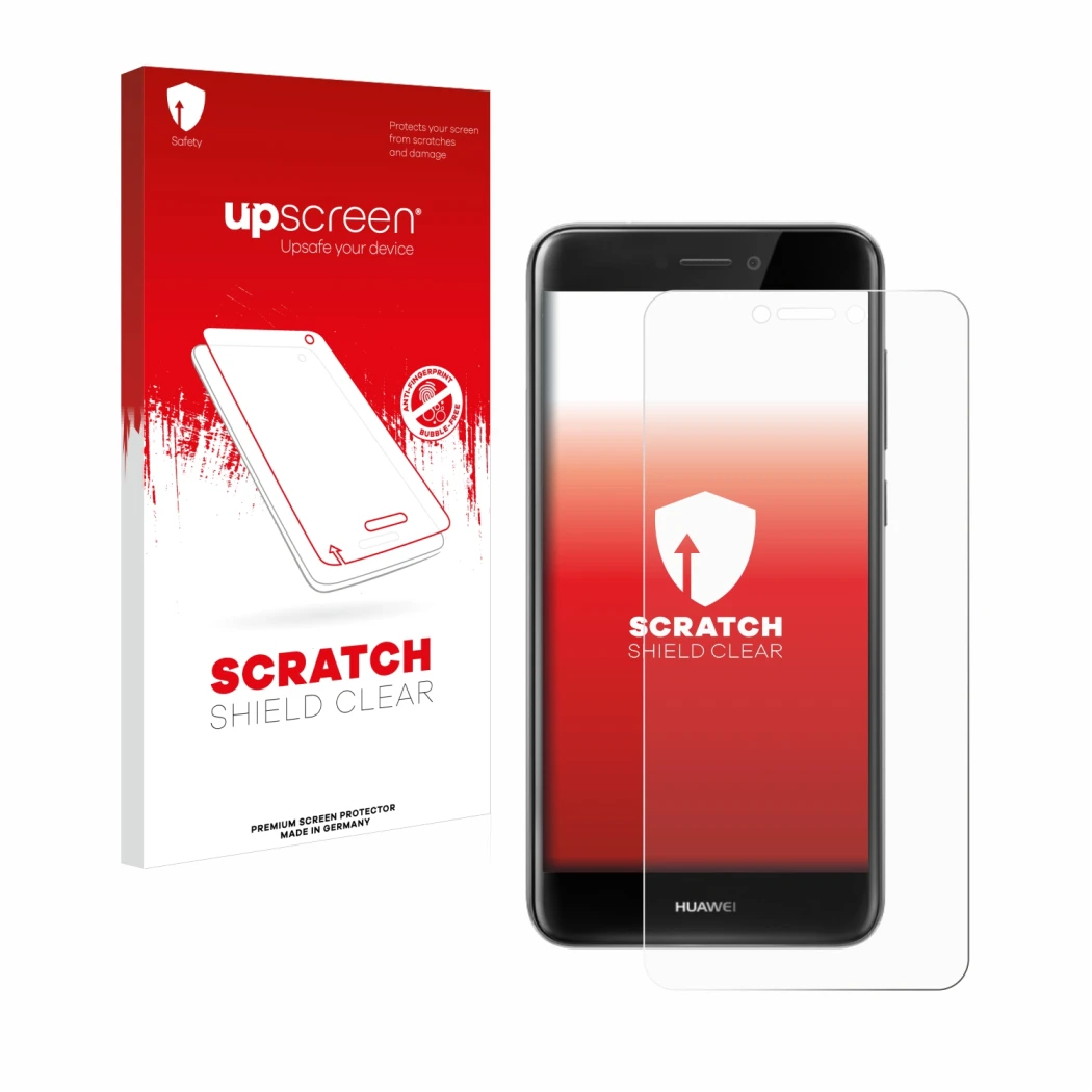 Vorderseite einer Produktverpackung mit dem Markenlogo upscreen. Daneben ist das Gerät Huawei P8 Lite 2017 mit dem zugehörigen