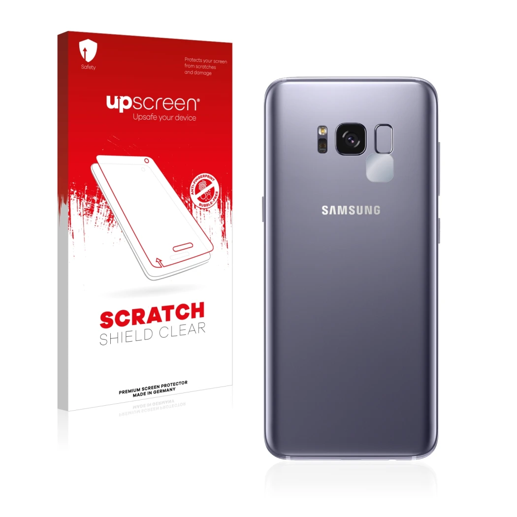 Vorderseite einer Produktverpackung mit dem Markenlogo upscreen. Daneben ist das Gerät Samsung Galaxy S8 (NUR Kameraschutz) mi