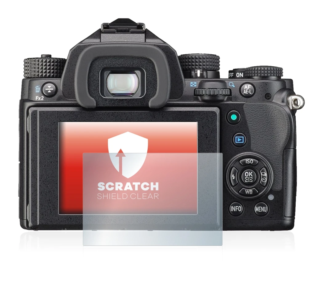 Abbildung des Geräts Pentax KP mit einer Vielzahl des Displayschutzes.