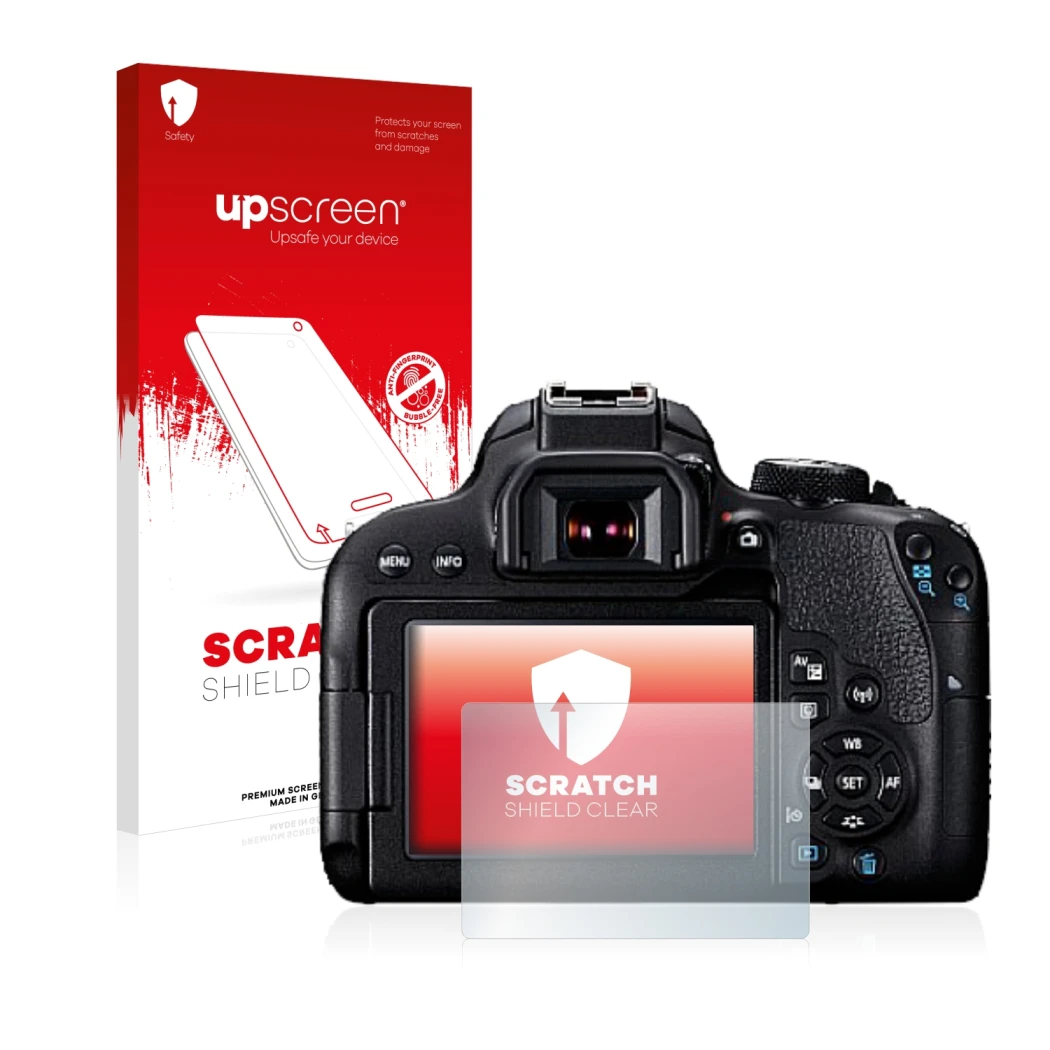 Vorderseite einer Produktverpackung mit dem Markenlogo upscreen. Daneben ist das Gerät Canon EOS 800D mit dem zugehörigen Disp