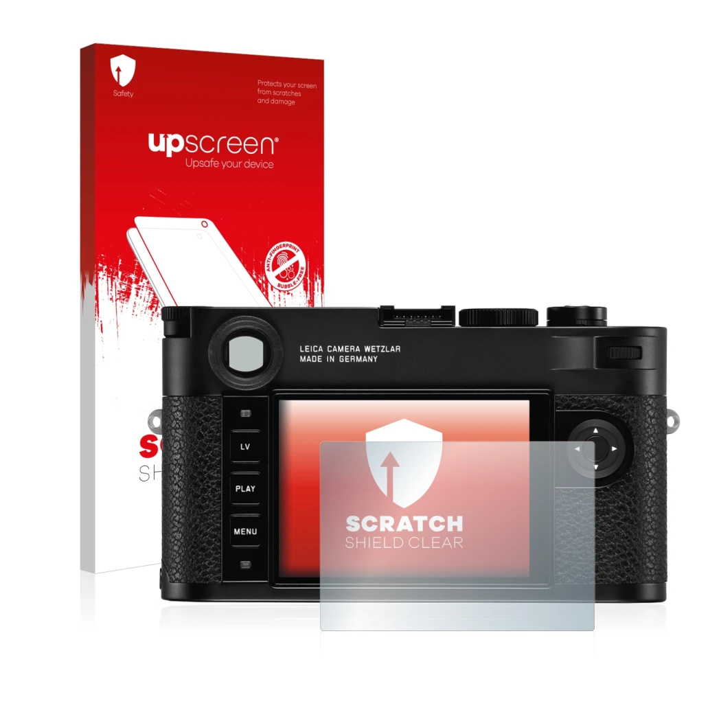 Vorderseite einer Produktverpackung mit dem Markenlogo upscreen. Daneben ist das Gerät Leica M10 mit dem zugehörigen Displaysc