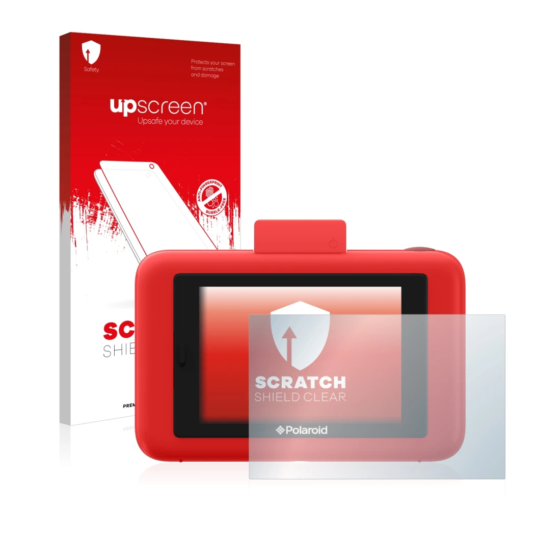 Vorderseite einer Produktverpackung mit dem Markenlogo upscreen. Daneben ist das Gerät Polaroid Snap Touch mit dem zugehörigen