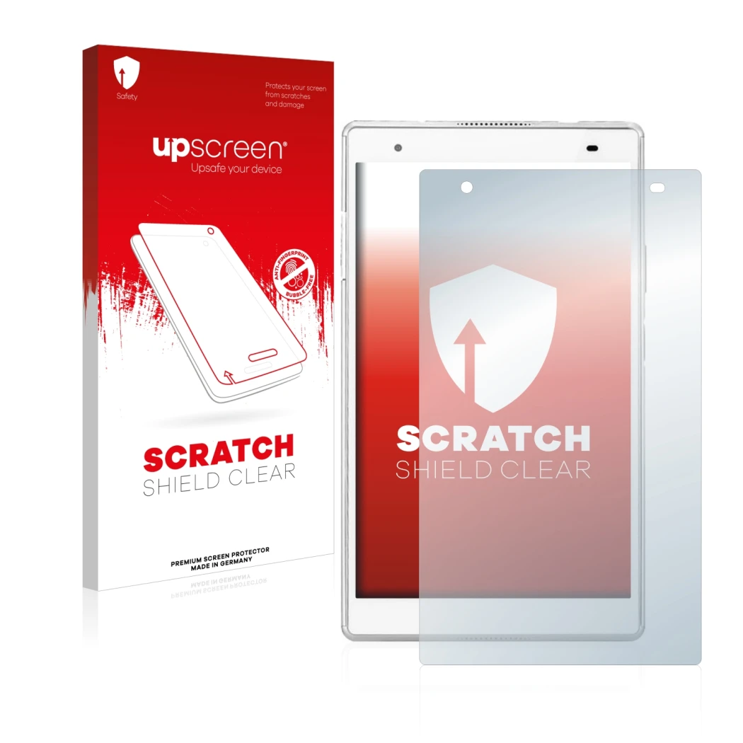 Vorderseite einer Produktverpackung mit dem Markenlogo upscreen. Daneben ist das Gerät Lenovo Tab 4 8 Plus mit dem zugehörigen