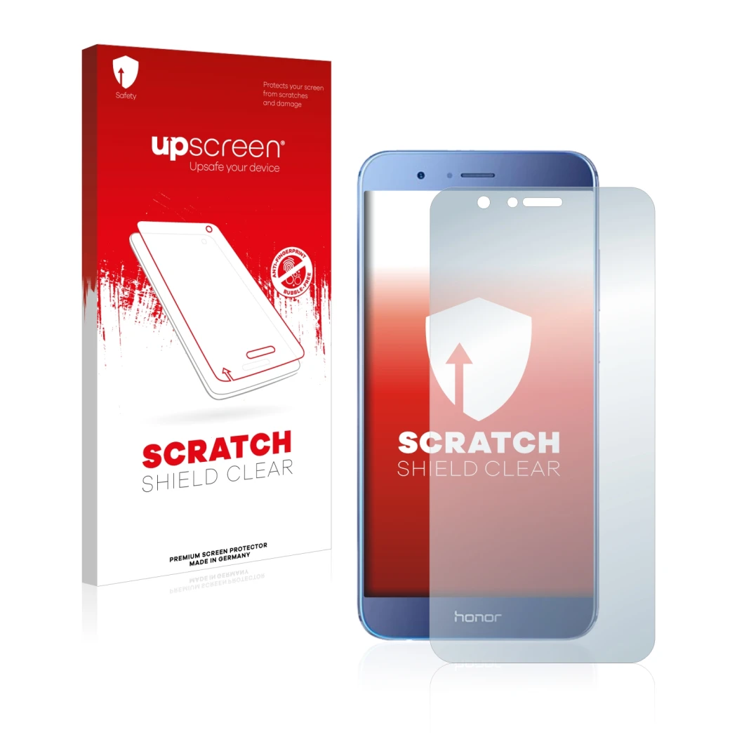 Vorderseite einer Produktverpackung mit dem Markenlogo upscreen. Daneben ist das Gerät Honor 8 Pro mit dem zugehörigen Display