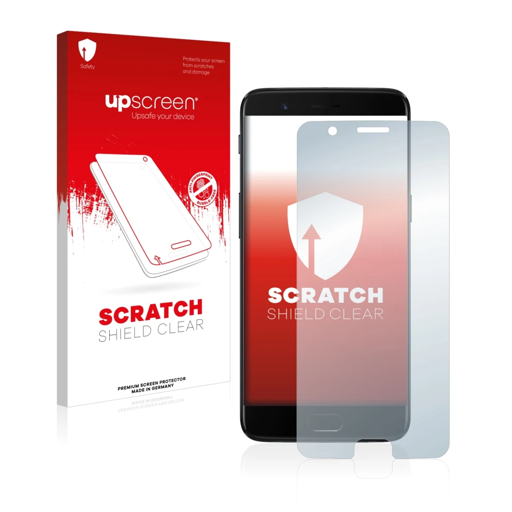 Vorderseite einer Produktverpackung mit dem Markenlogo upscreen. Daneben ist das Gerät OnePlus 5 mit dem zugehörigen Displaysc