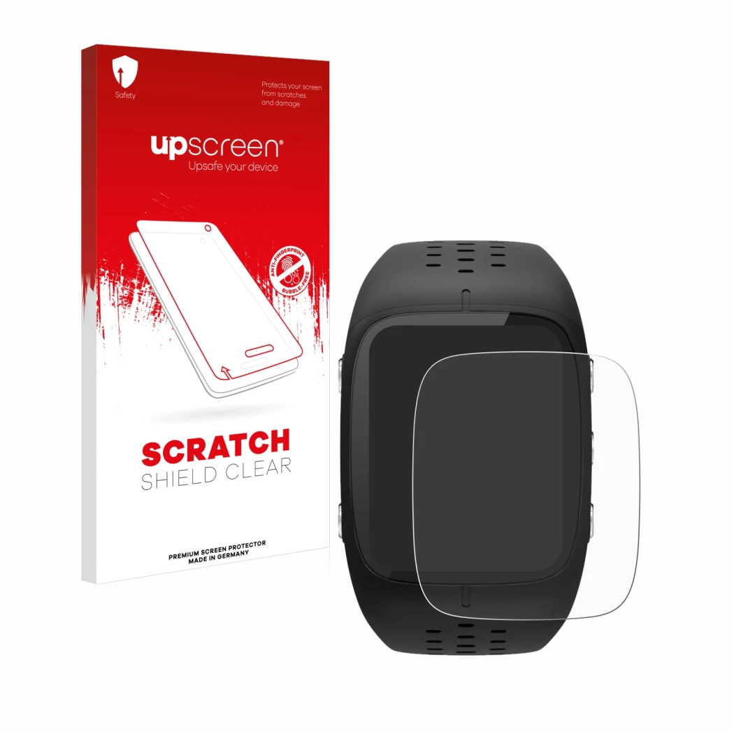 Vorderseite einer Produktverpackung mit dem Markenlogo upscreen. Daneben ist das Gerät Polar M430 mit dem zugehörigen Displays