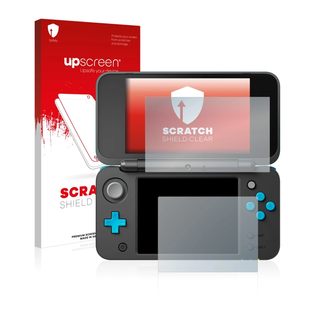 Vorderseite einer Produktverpackung mit dem Markenlogo upscreen. Daneben ist das Gerät Nintendo 2DS XL mit dem zugehörigen Dis