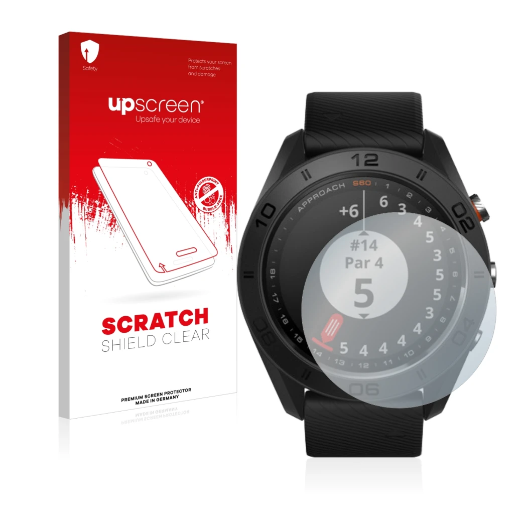 Vorderseite einer Produktverpackung mit dem Markenlogo upscreen. Daneben ist das Gerät Garmin Approach S60 mit dem zugehörigen