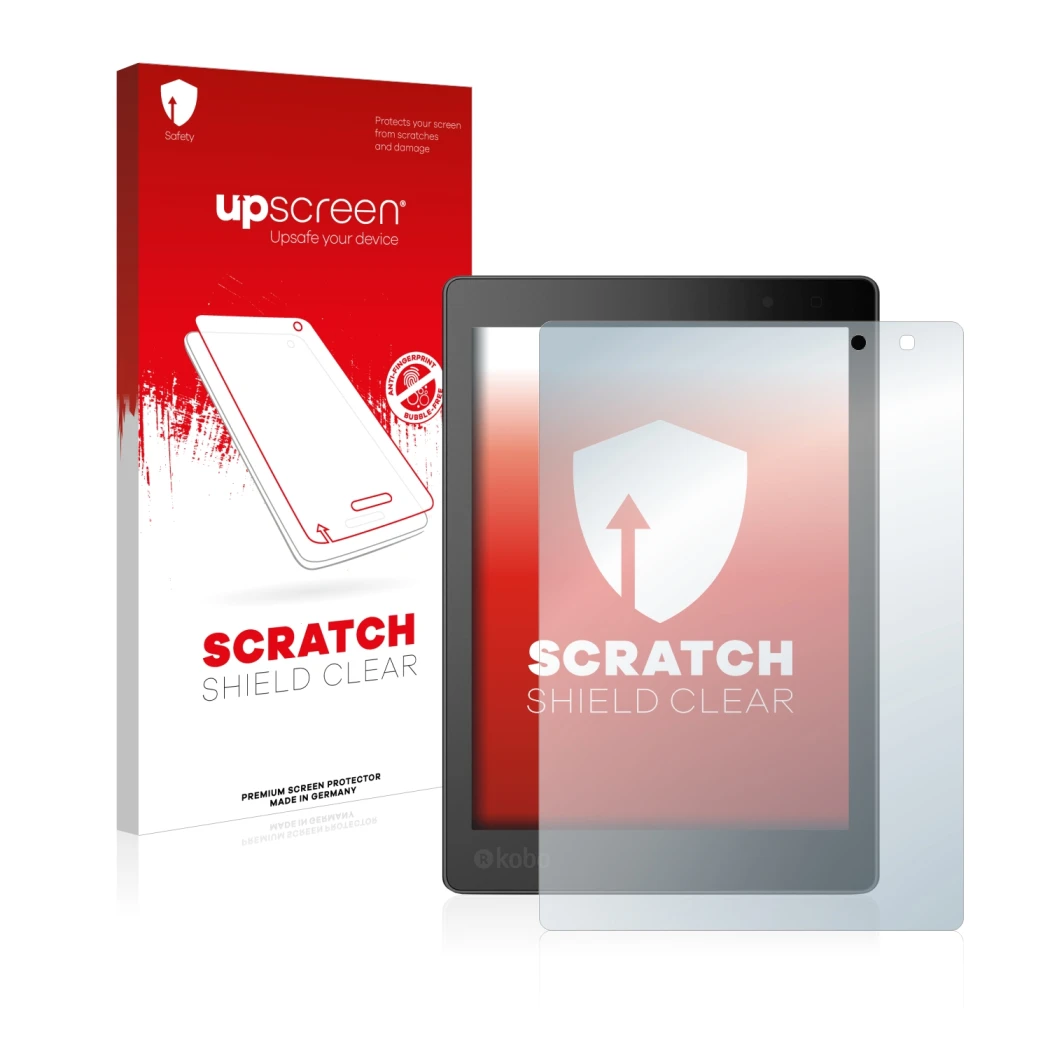 Vorderseite einer Produktverpackung mit dem Markenlogo upscreen. Daneben ist das Gerät Kobo Aura One mit dem zugehörigen Displ