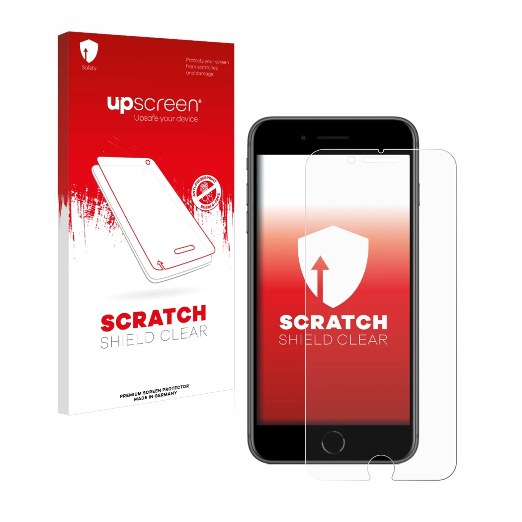 Vorderseite einer Produktverpackung mit dem Markenlogo upscreen. Daneben ist das Gerät Apple iPhone 8 Plus mit dem zugehörigen