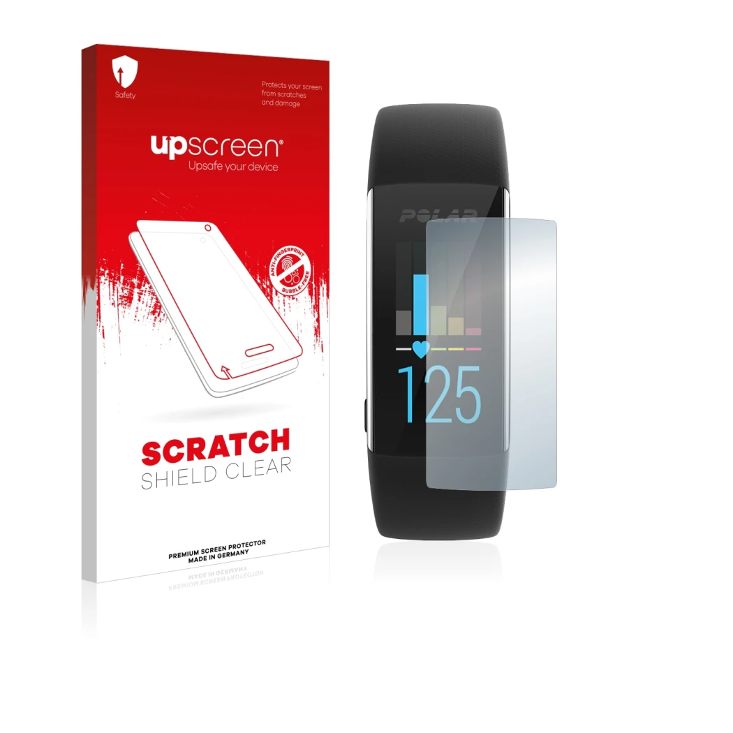 Vorderseite einer Produktverpackung mit dem Markenlogo upscreen. Daneben ist das Gerät Polar A370 mit dem zugehörigen Displays