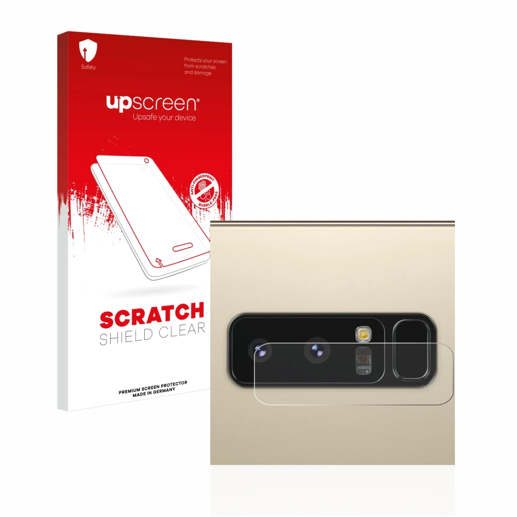 Vorderseite einer Produktverpackung mit dem Markenlogo upscreen. Daneben ist das Gerät Samsung Galaxy Note 8 (NUR Kameraschutz