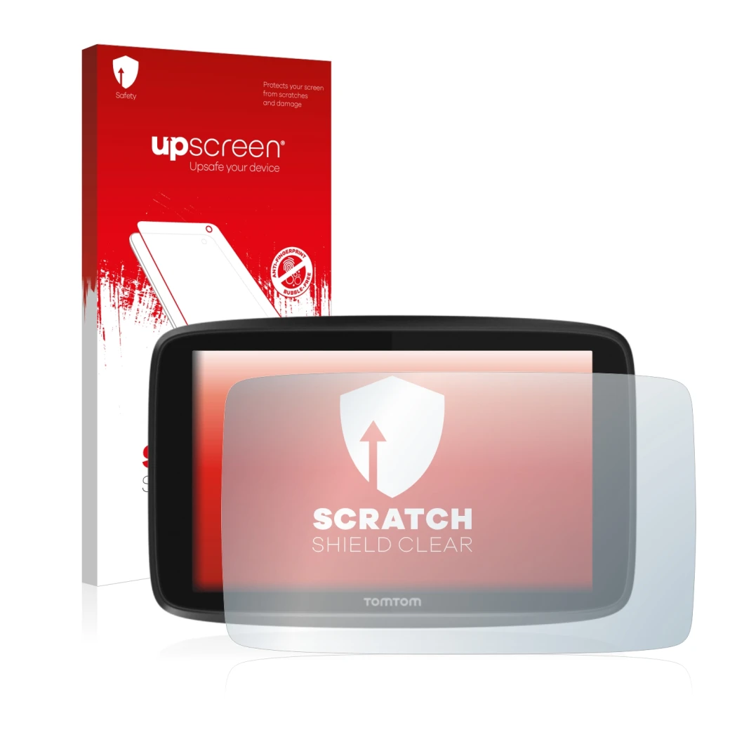 Vorderseite einer Produktverpackung mit dem Markenlogo upscreen. Daneben ist das Gerät TomTom GO 6250 mit dem zugehörigen Disp