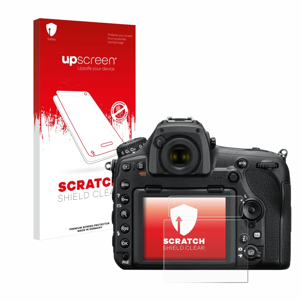 Vorderseite einer Produktverpackung mit dem Markenlogo upscreen. Daneben ist das Gerät Nikon D850 mit dem zugehörigen Displays