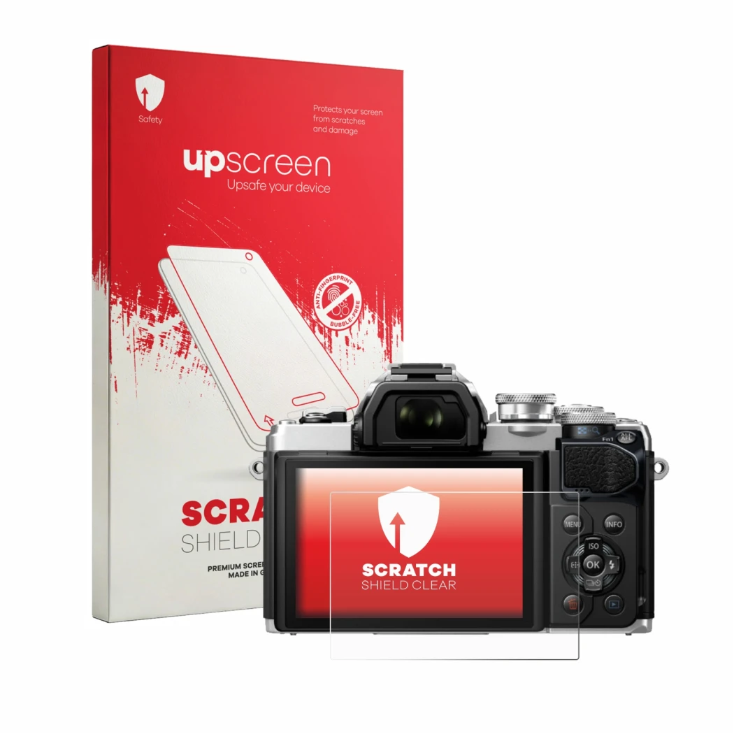 Vorderseite einer Produktverpackung mit dem Markenlogo upscreen. Daneben ist das Gerät Olympus OM-D E-M10 Mark III mit dem zug