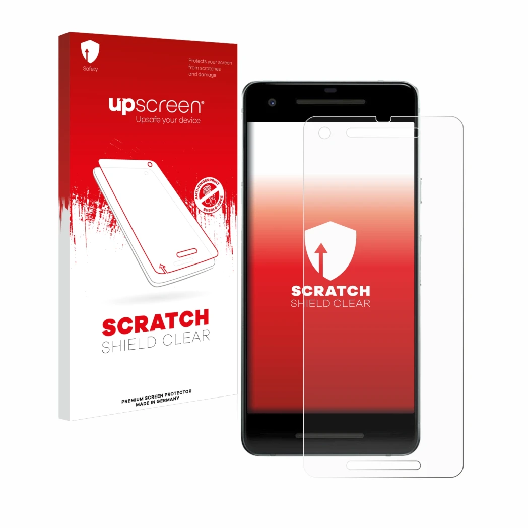 Vorderseite einer Produktverpackung mit dem Markenlogo upscreen. Daneben ist das Gerät Google Pixel 2 mit dem zugehörigen Disp