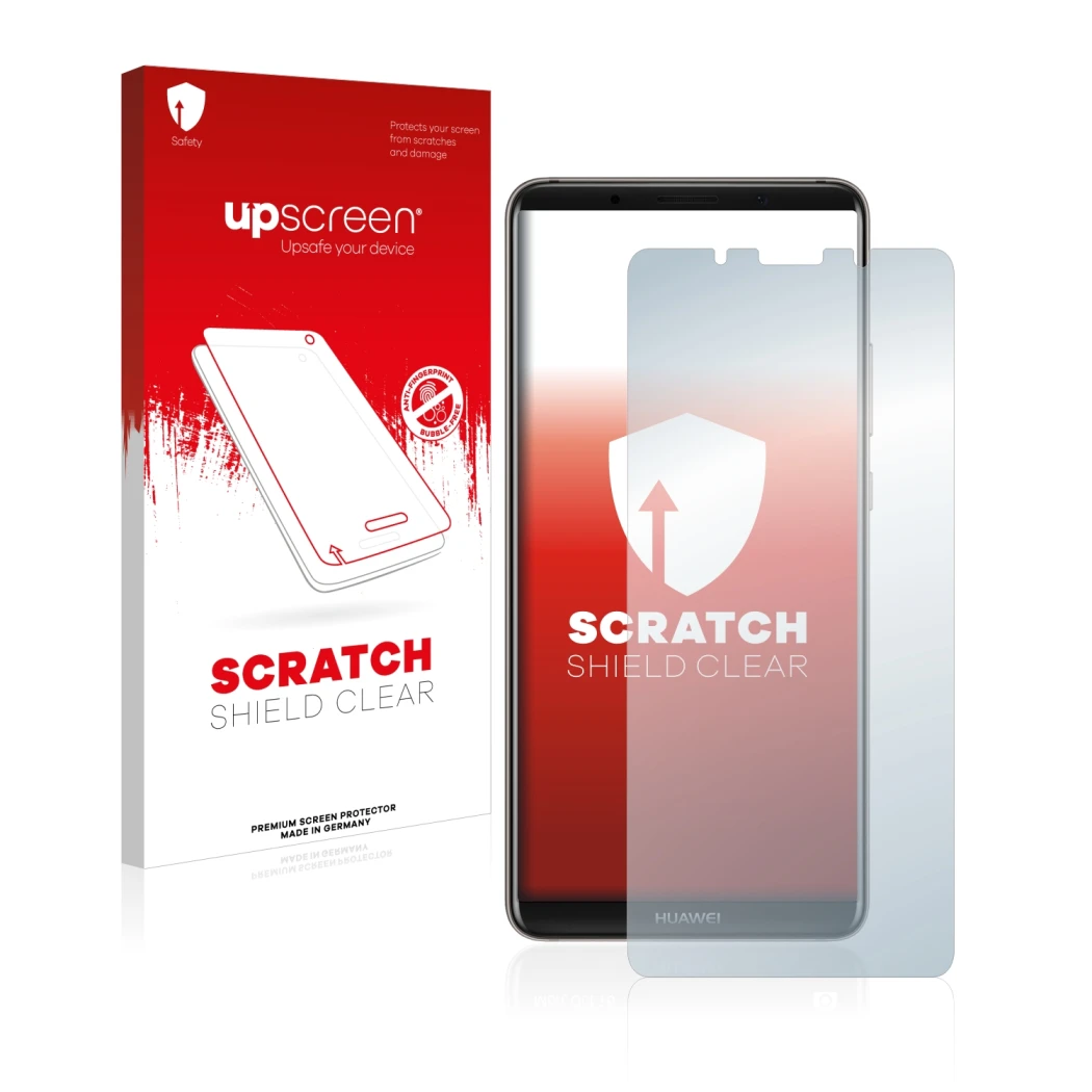 Vorderseite einer Produktverpackung mit dem Markenlogo upscreen. Daneben ist das Gerät Huawei Mate 10 Pro mit dem zugehörigen