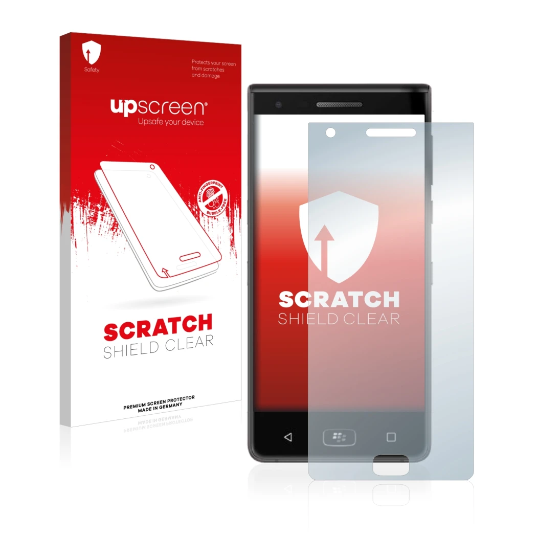 Vorderseite einer Produktverpackung mit dem Markenlogo upscreen. Daneben ist das Gerät BlackBerry Motion 2017 mit dem zugehöri