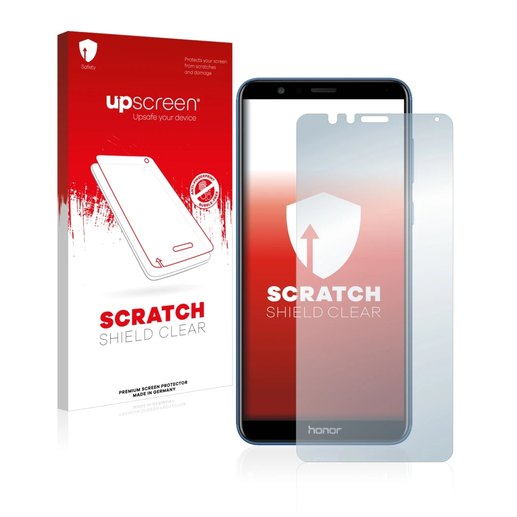 Vorderseite einer Produktverpackung mit dem Markenlogo upscreen. Daneben ist das Gerät Honor 7X mit dem zugehörigen Displaysch