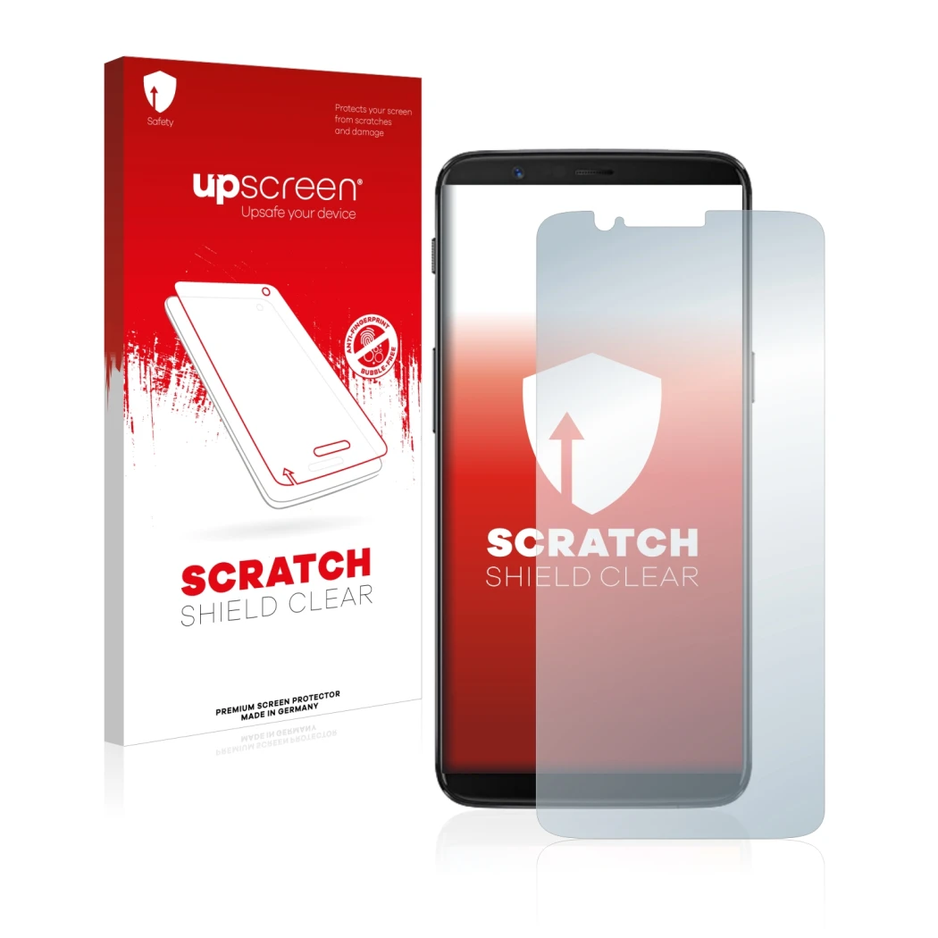 Vorderseite einer Produktverpackung mit dem Markenlogo upscreen. Daneben ist das Gerät OnePlus 5T mit dem zugehörigen Displays