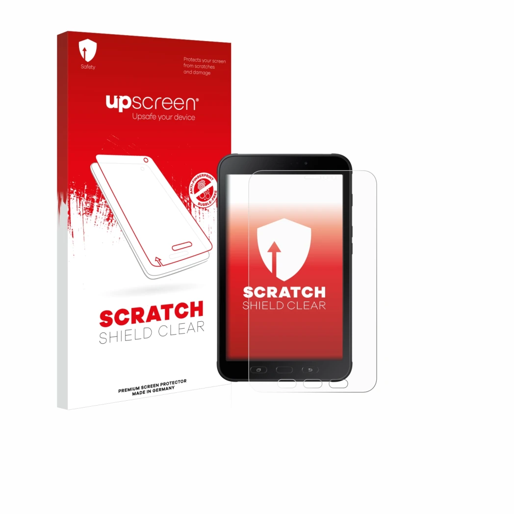 Vorderseite einer Produktverpackung mit dem Markenlogo upscreen. Daneben ist das Gerät Samsung Galaxy Tab Active 2 mit dem zug