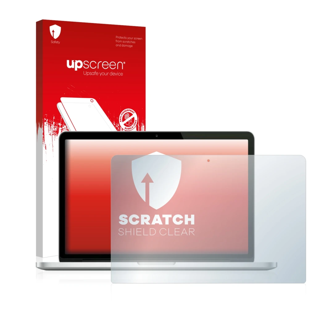 Vorderseite einer Produktverpackung mit dem Markenlogo upscreen. Daneben ist das Gerät Apple MacBook Pro Retina 13