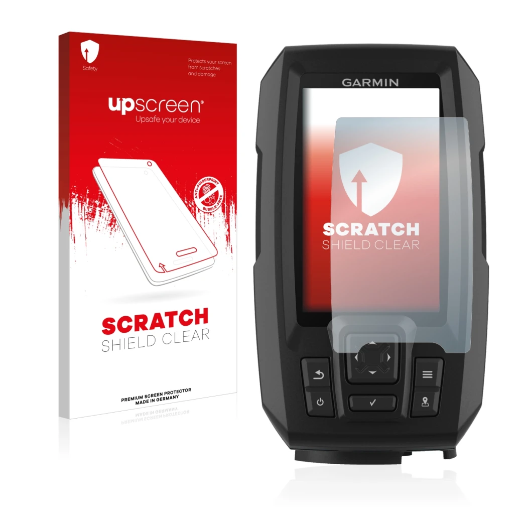 Vorderseite einer Produktverpackung mit dem Markenlogo upscreen. Daneben ist das Gerät Garmin Striker Plus 4 mit dem zugehörig