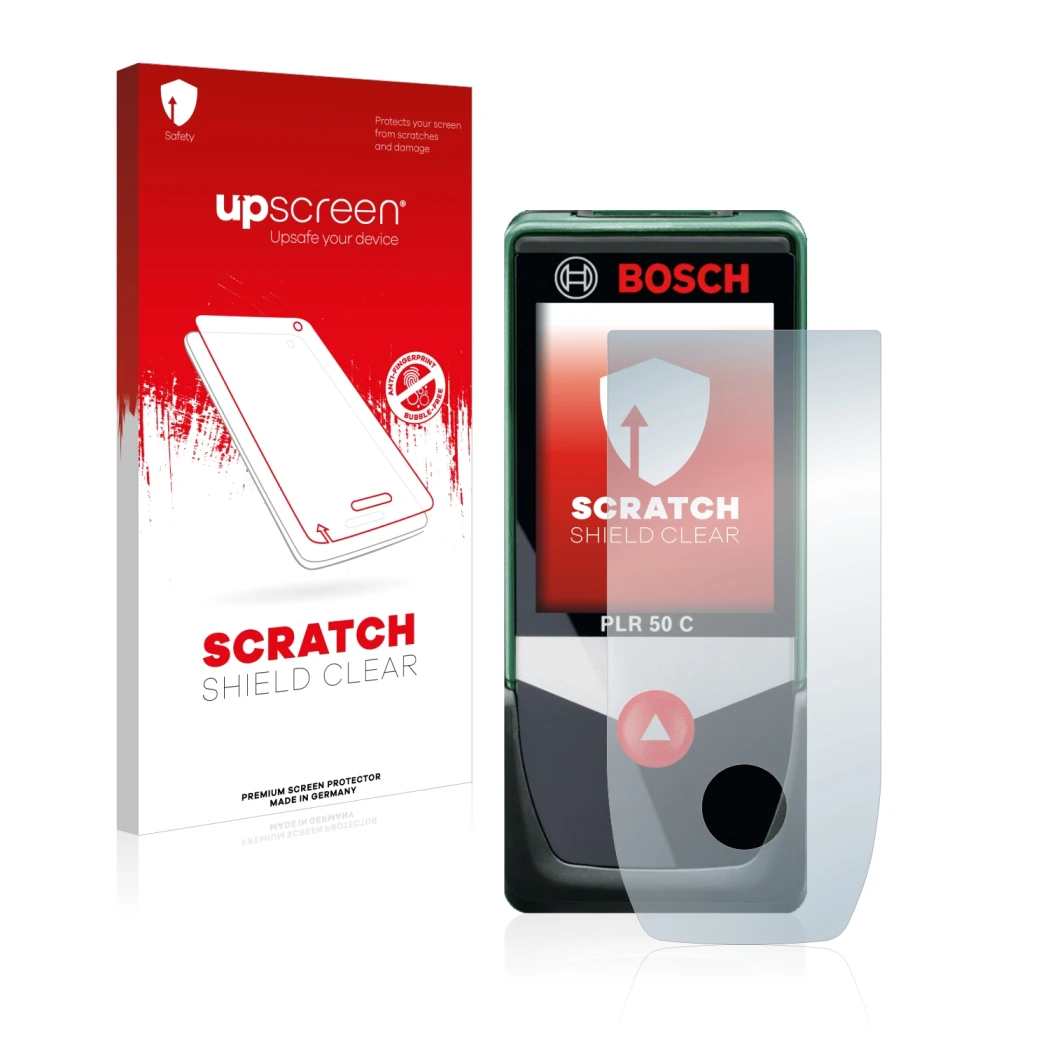 Vorderseite einer Produktverpackung mit dem Markenlogo upscreen. Daneben ist das Gerät Bosch PLR 50 C mit dem zugehörigen Disp