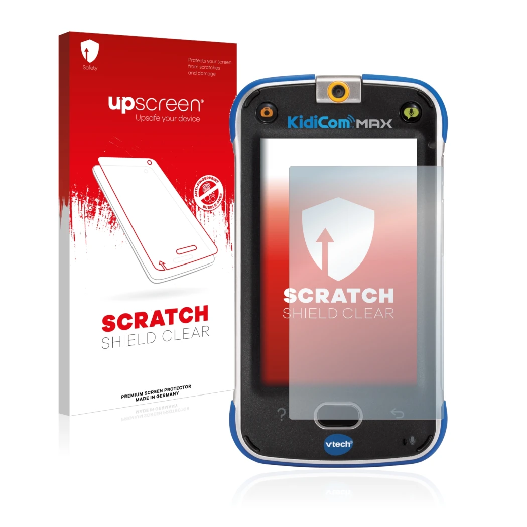 Vorderseite einer Produktverpackung mit dem Markenlogo upscreen. Daneben ist das Gerät Vtech Kidicom Max mit dem zugehörigen D