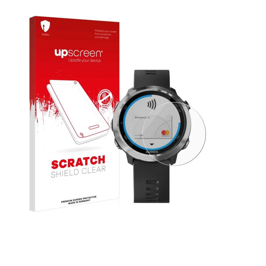 Vorderseite einer Produktverpackung mit dem Markenlogo upscreen. Daneben ist das Gerät Garmin Forerunner 645 mit dem zugehörig