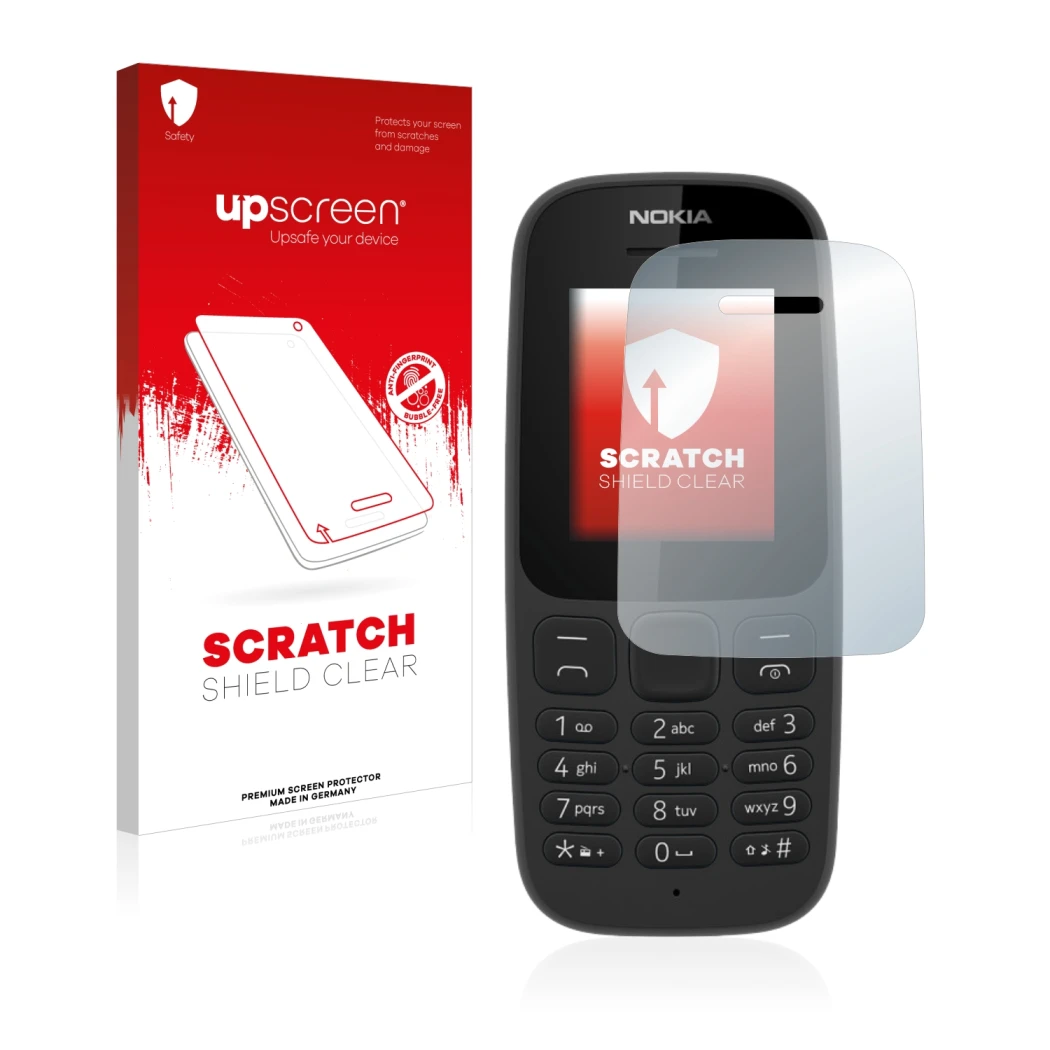 Vorderseite einer Produktverpackung mit dem Markenlogo upscreen. Daneben ist das Gerät Nokia 105 2017 mit dem zugehörigen Disp