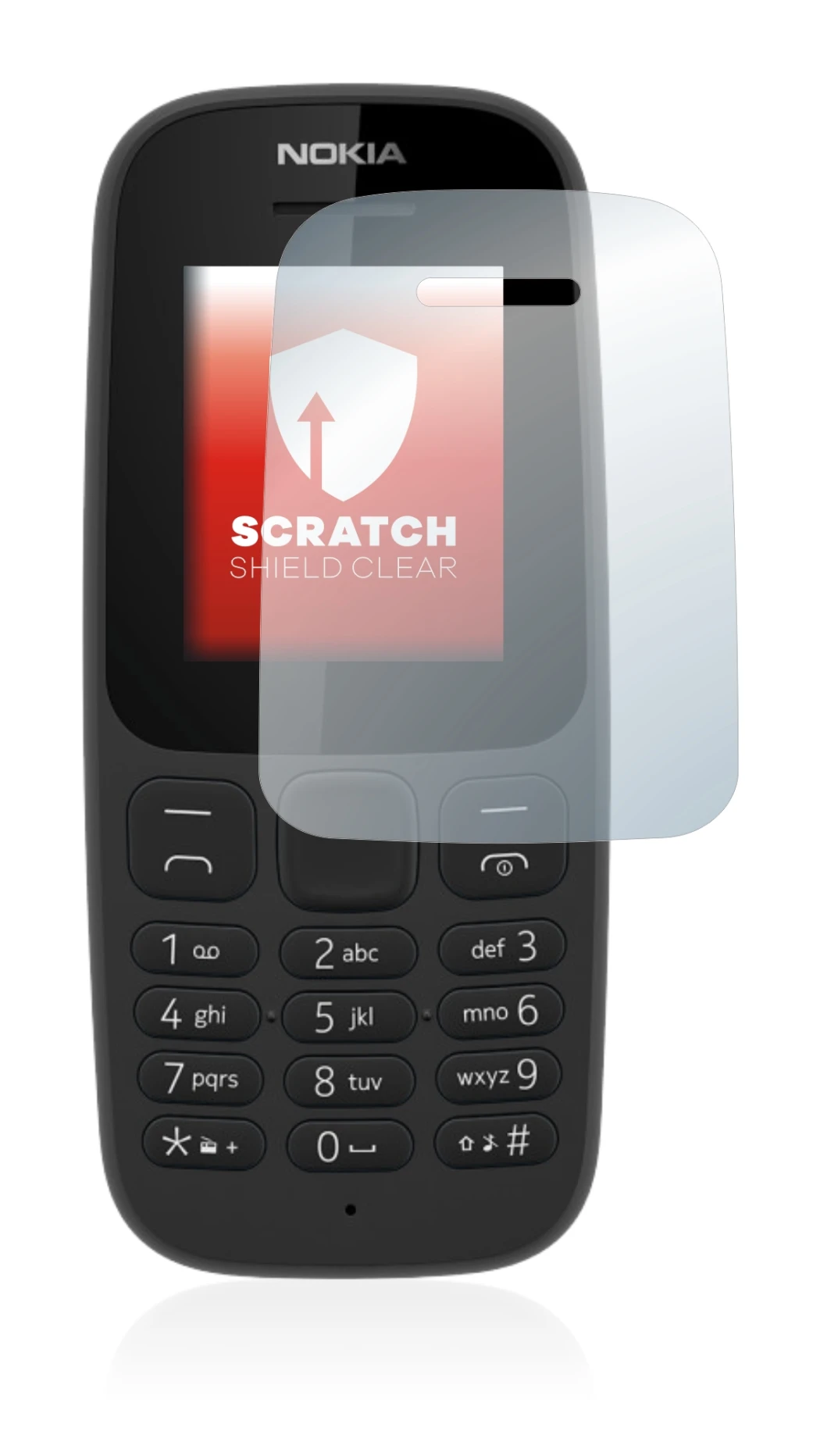 Abbildung des Geräts Nokia 105 2017 mit einer Vielzahl des Displayschutzes.