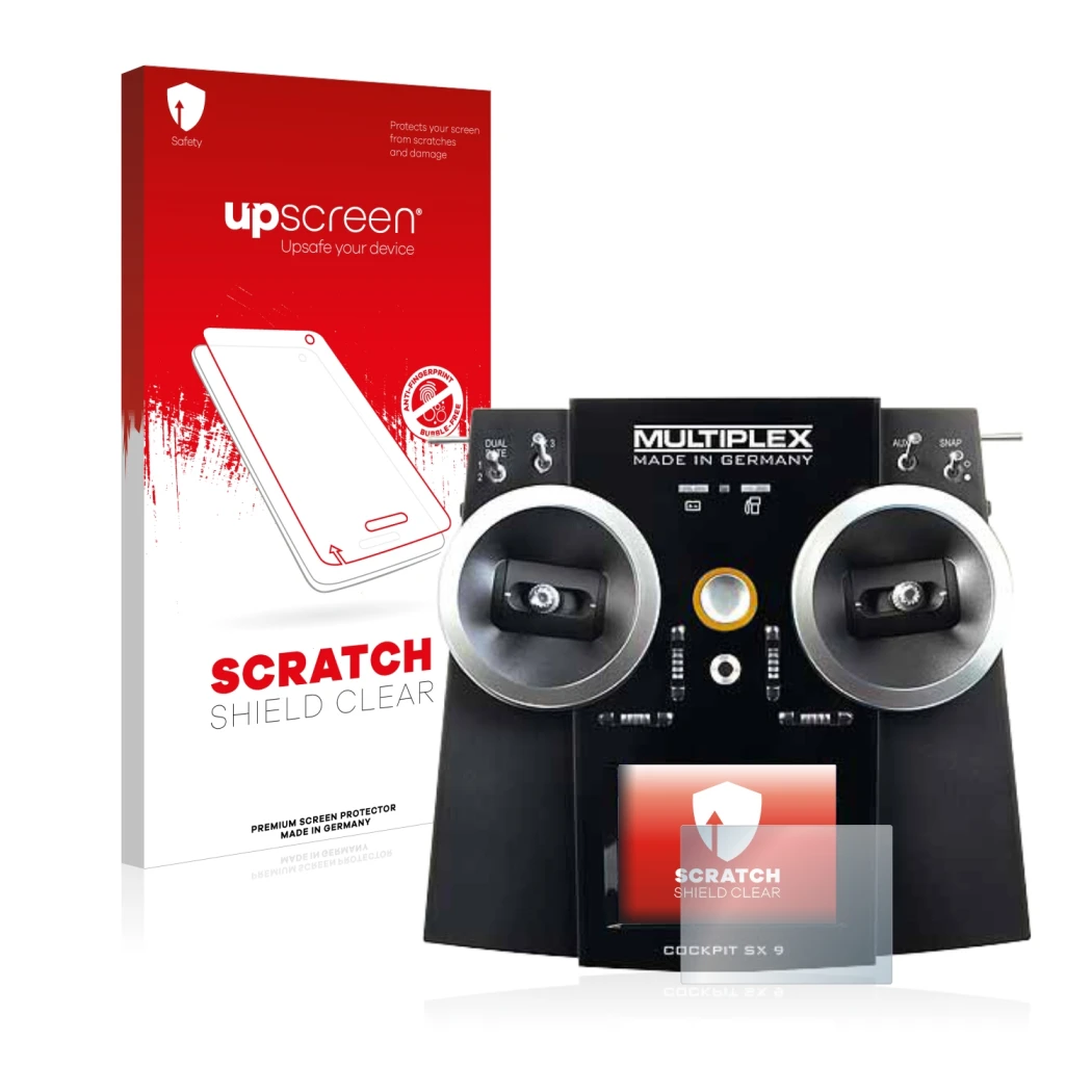 Vorderseite einer Produktverpackung mit dem Markenlogo upscreen. Daneben ist das Gerät Multiplex Cockpit SX9 mit dem zugehörig