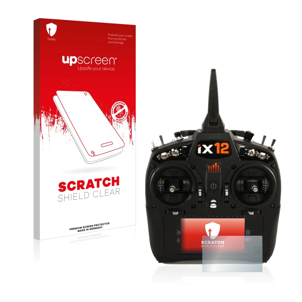 Vorderseite einer Produktverpackung mit dem Markenlogo upscreen. Daneben ist das Gerät Spektrum IX12 mit dem zugehörigen Displ