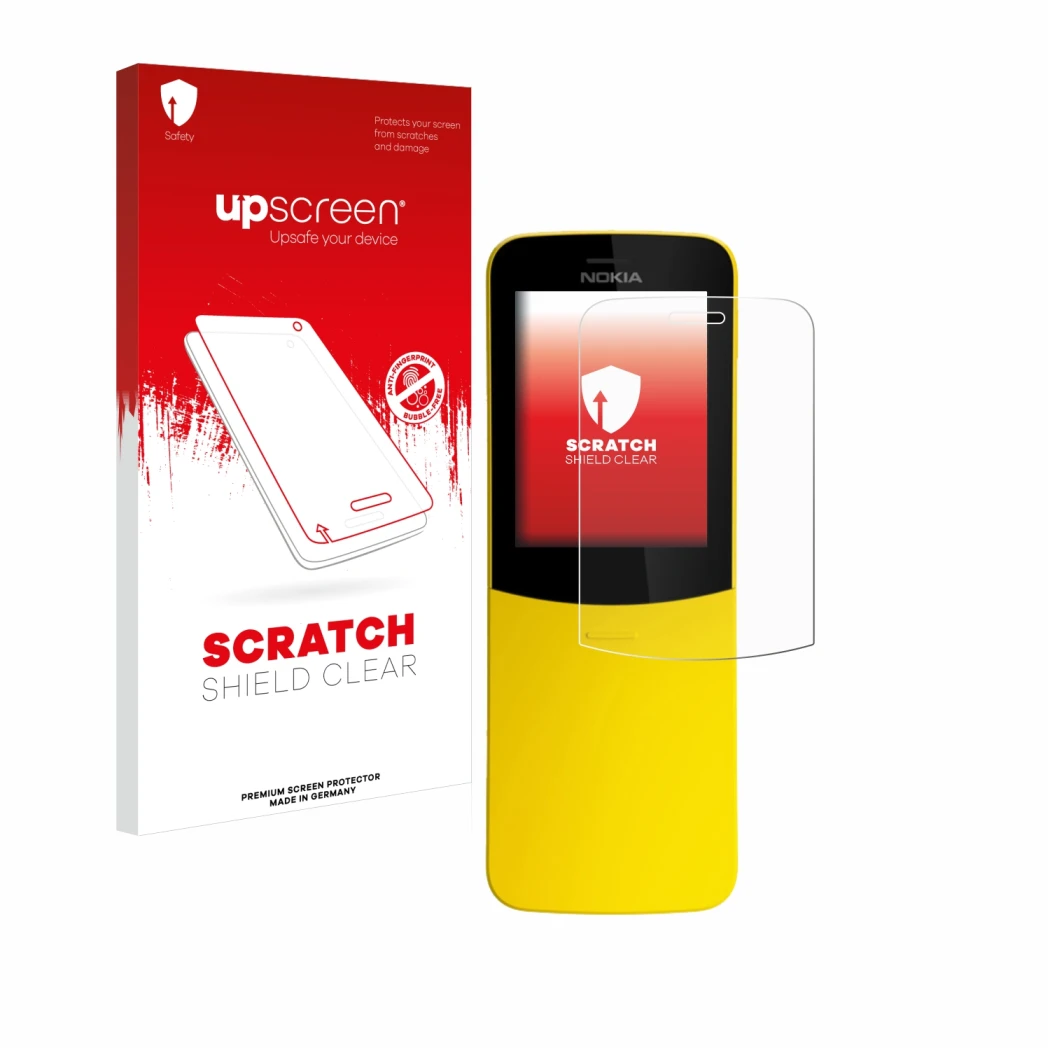 Vorderseite einer Produktverpackung mit dem Markenlogo upscreen. Daneben ist das Gerät Nokia 8110 mit dem zugehörigen Displays