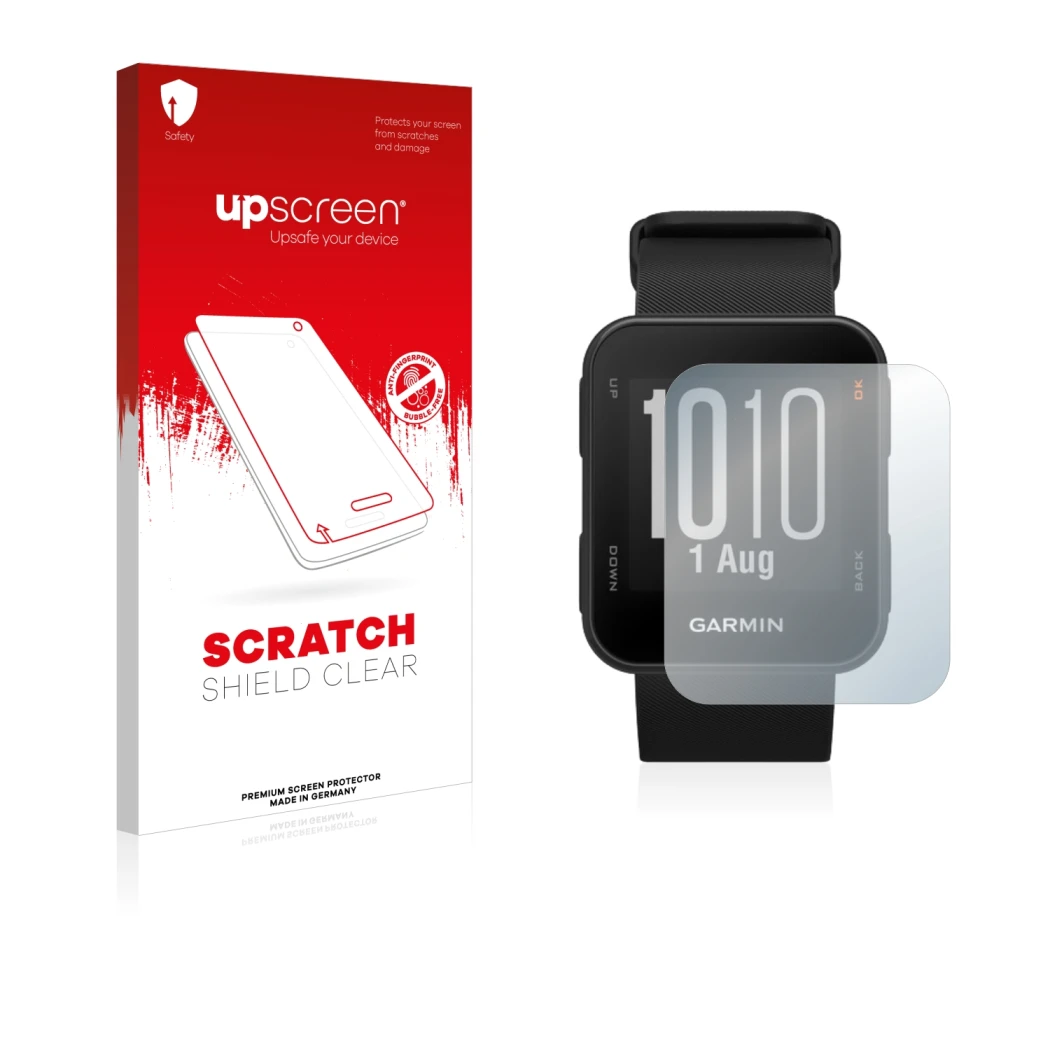 Vorderseite einer Produktverpackung mit dem Markenlogo upscreen. Daneben ist das Gerät Garmin Approach S10 mit dem zugehörigen