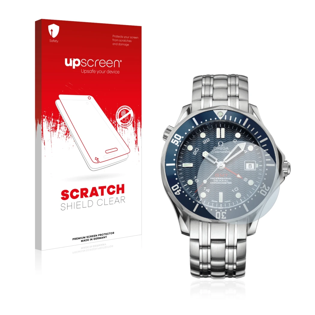Vorderseite einer Produktverpackung mit dem Markenlogo upscreen. Daneben ist das Gerät Omega Seamaster Diver (41 mm) mit dem z