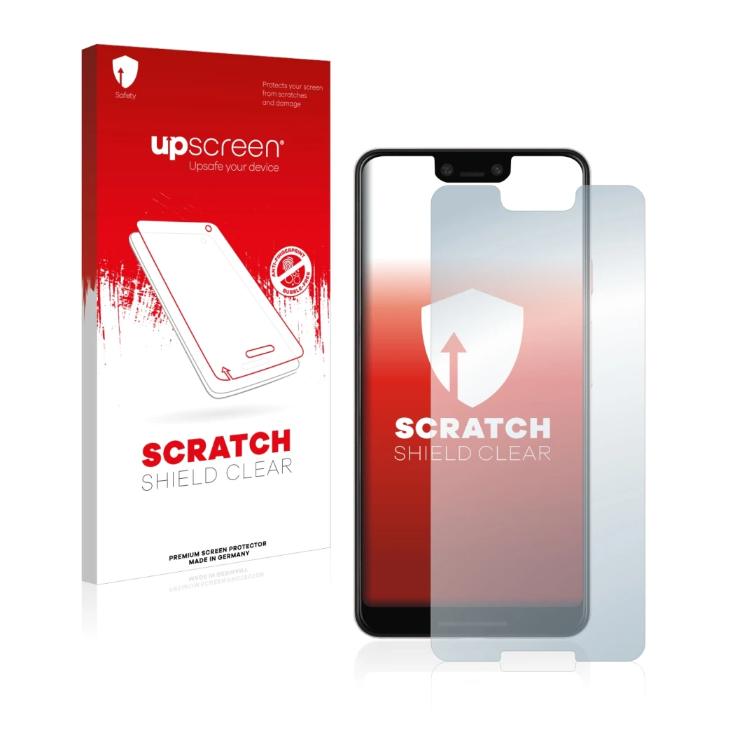 Vorderseite einer Produktverpackung mit dem Markenlogo upscreen. Daneben ist das Gerät Google Pixel 3 XL mit dem zugehörigen D