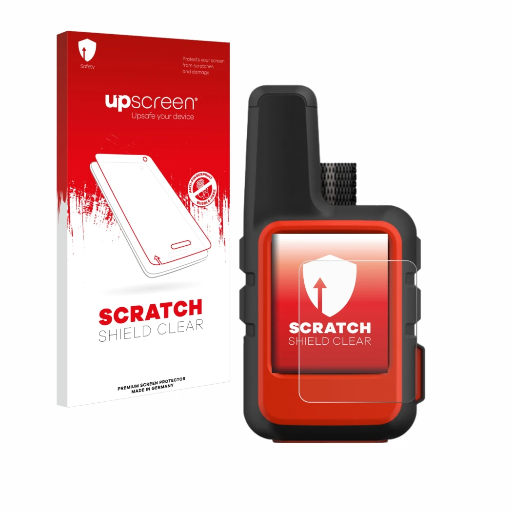 Vorderseite einer Produktverpackung mit dem Markenlogo upscreen. Daneben ist das Gerät Garmin inReach Mini mit dem zugehörigen