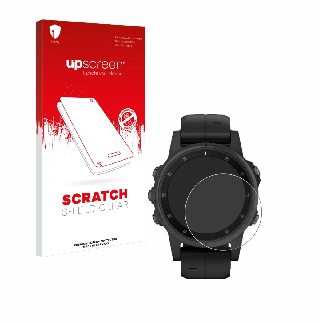 Vorderseite einer Produktverpackung mit dem Markenlogo upscreen. Daneben ist das Gerät Garmin Fenix 5S Plus (42 mm) mit dem zu