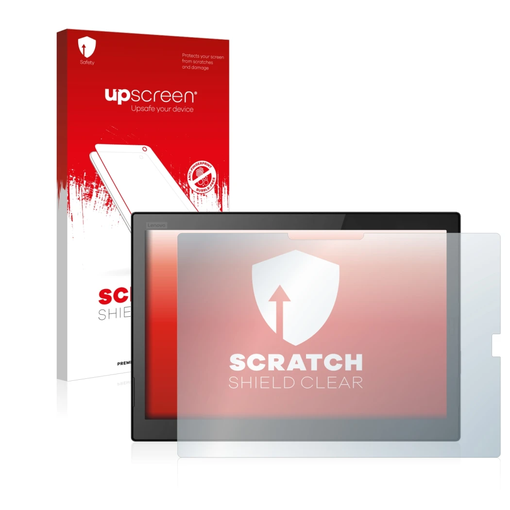 Vorderseite einer Produktverpackung mit dem Markenlogo upscreen. Daneben ist das Gerät Lenovo ThinkPad X1 Tablet (3.Gen) mit d