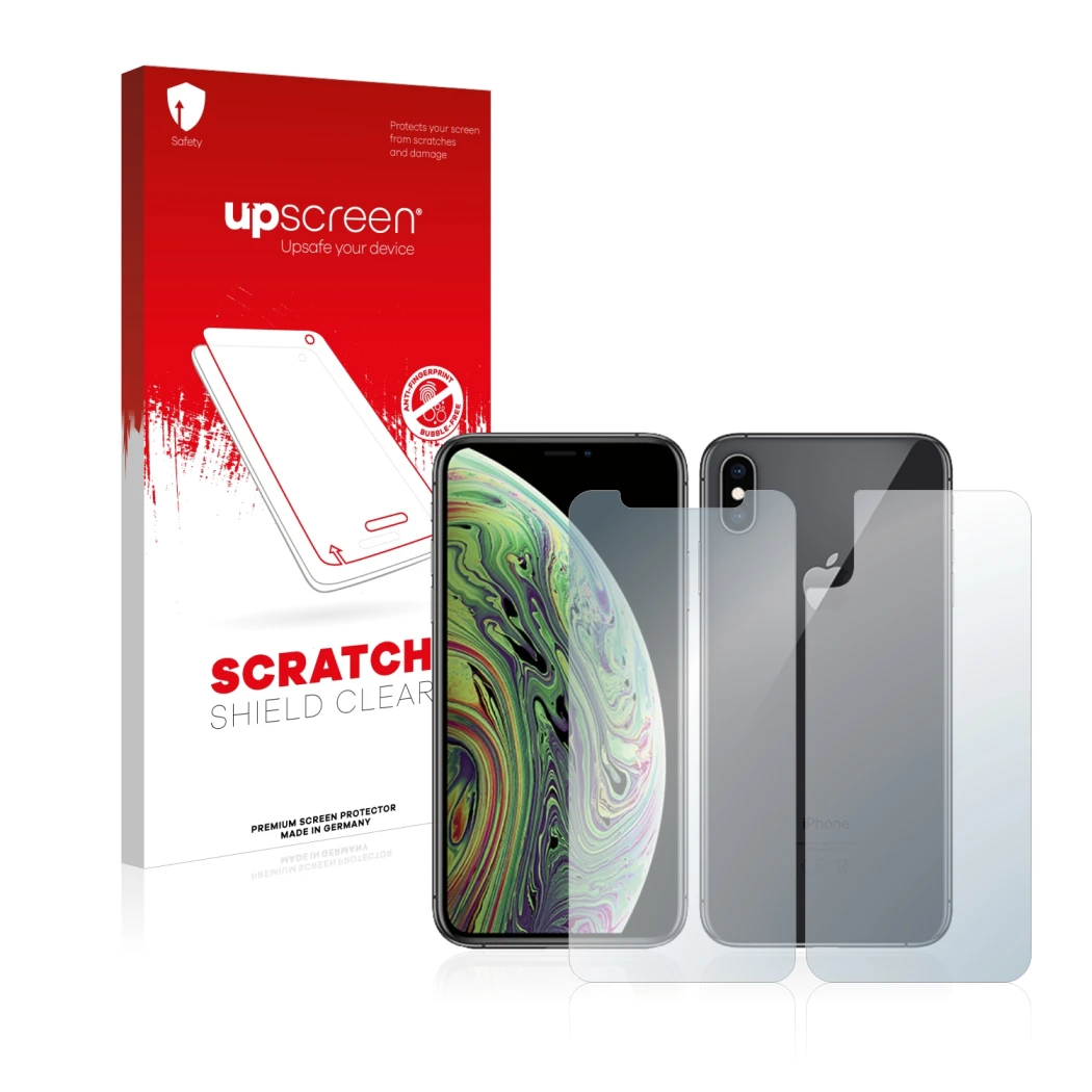 Vorderseite einer Produktverpackung mit dem Markenlogo upscreen. Daneben ist das Gerät Apple iPhone Xs (Display+Rückseite) mit