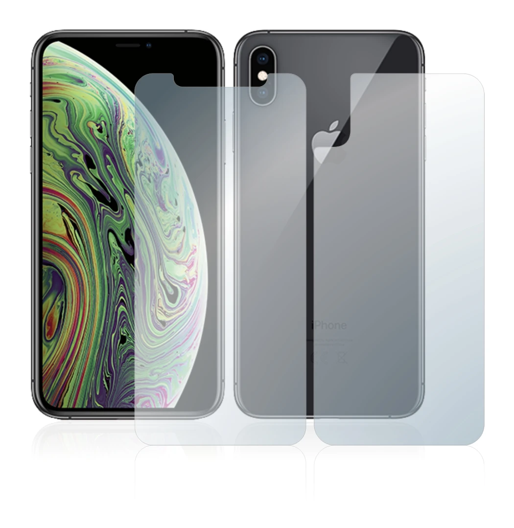 Abbildung des Geräts Apple iPhone Xs (Display+Rückseite) mit einer Vielzahl des Displayschutzes.