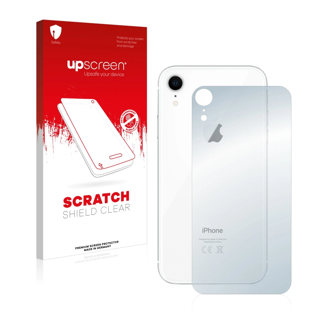 Vorderseite einer Produktverpackung mit dem Markenlogo upscreen. Daneben ist das Gerät Apple iPhone XR (Rückseite) mit dem zug