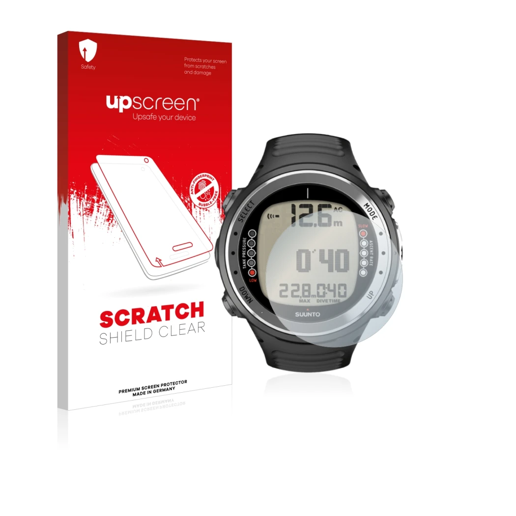 Vorderseite einer Produktverpackung mit dem Markenlogo upscreen. Daneben ist das Gerät Suunto D4I mit dem zugehörigen Displays