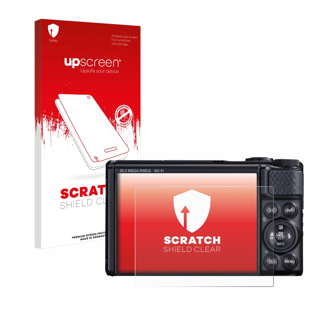 Vorderseite einer Produktverpackung mit dem Markenlogo upscreen. Daneben ist das Gerät Canon PowerShot SX740 HS mit dem zugehö