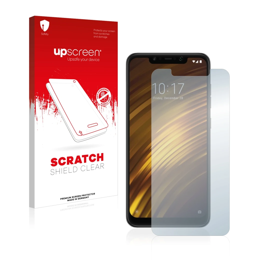 Vorderseite einer Produktverpackung mit dem Markenlogo upscreen. Daneben ist das Gerät Xiaomi Pocophone F1 mit dem zugehörigen