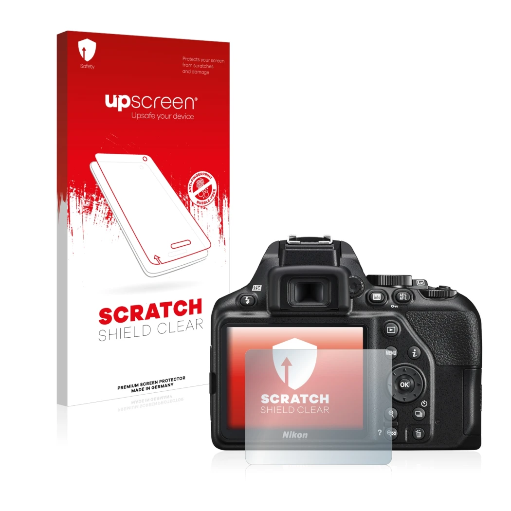 Vorderseite einer Produktverpackung mit dem Markenlogo upscreen. Daneben ist das Gerät Nikon D3500 mit dem zugehörigen Display
