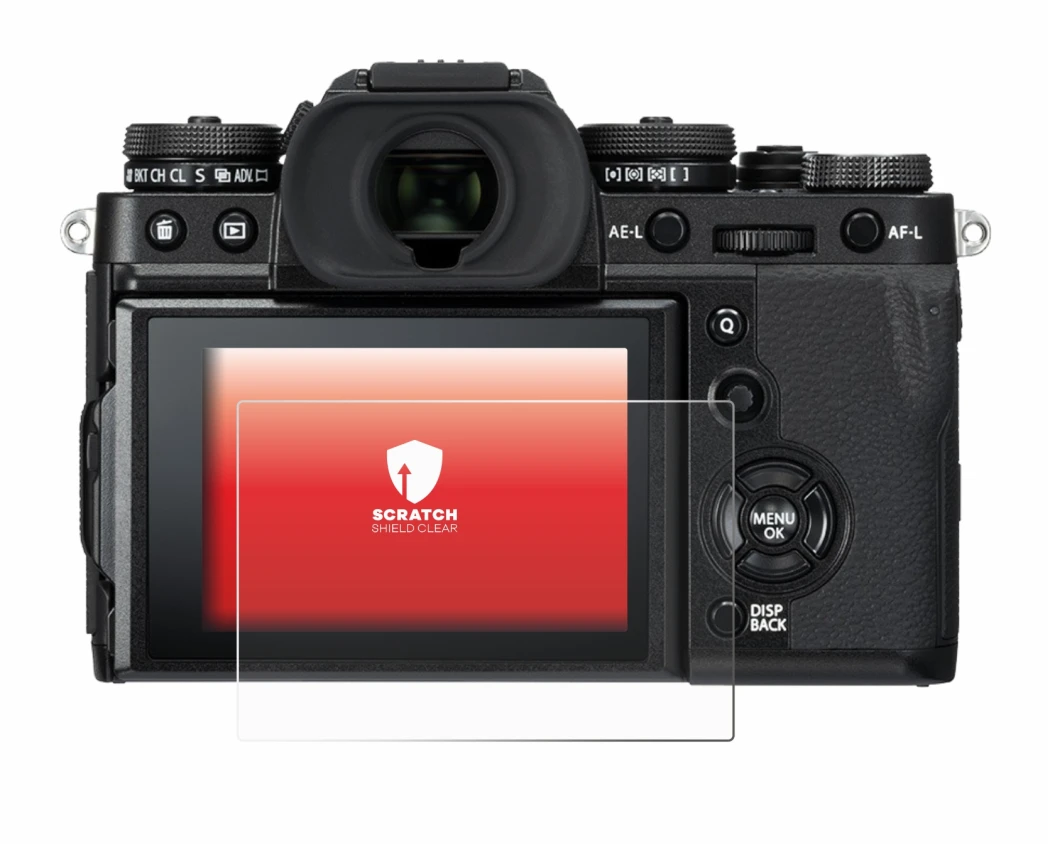 Abbildung des Geräts Fujifilm X-T3 mit einer Vielzahl des Displayschutzes.